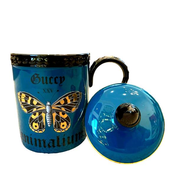 GUCCI XXV Animalium Print Mug Porcelain Butterfly with Lid Blue Black Gold NEW - Picture 2 of 16